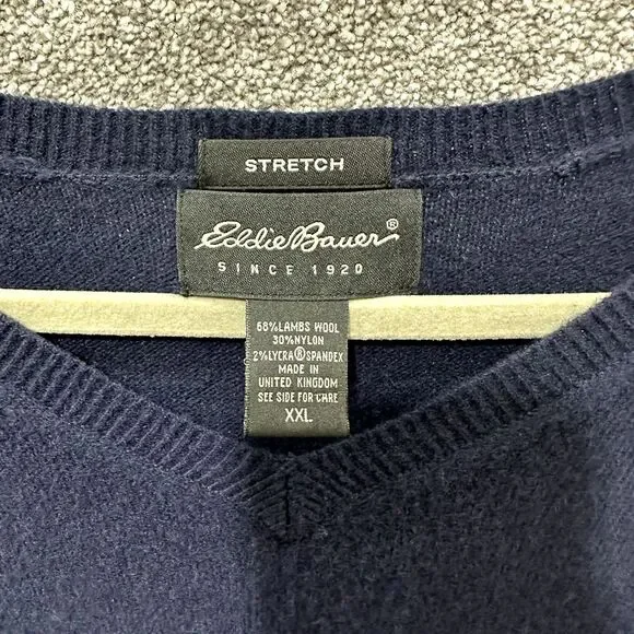 Eddie Bauer Pullover Sweater Men XXL Blue Lamb Wool Long Sleeve V‎ Neck Classic - Picture 9 of 13